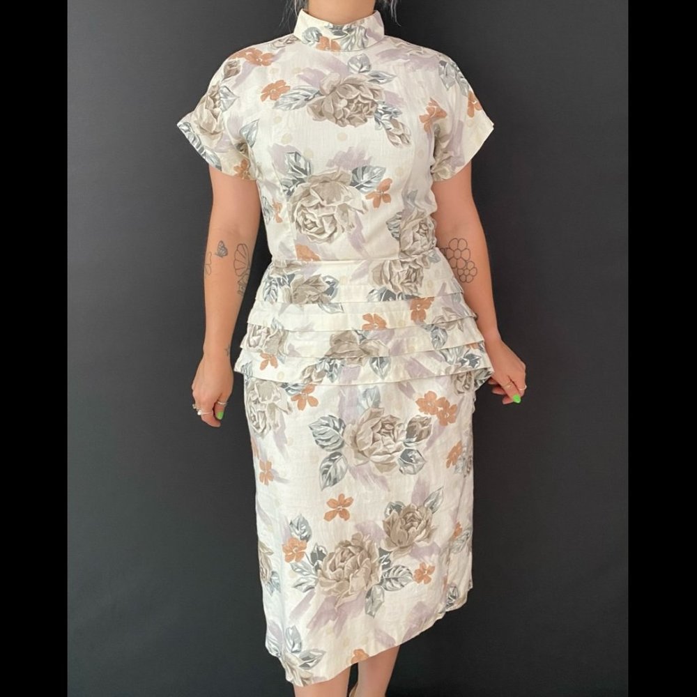 80s John Roberts Floral Mock Neck Peplum Dress
